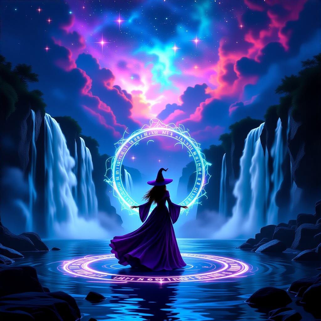Witch Between Waterfalls Under Cosmic Sky