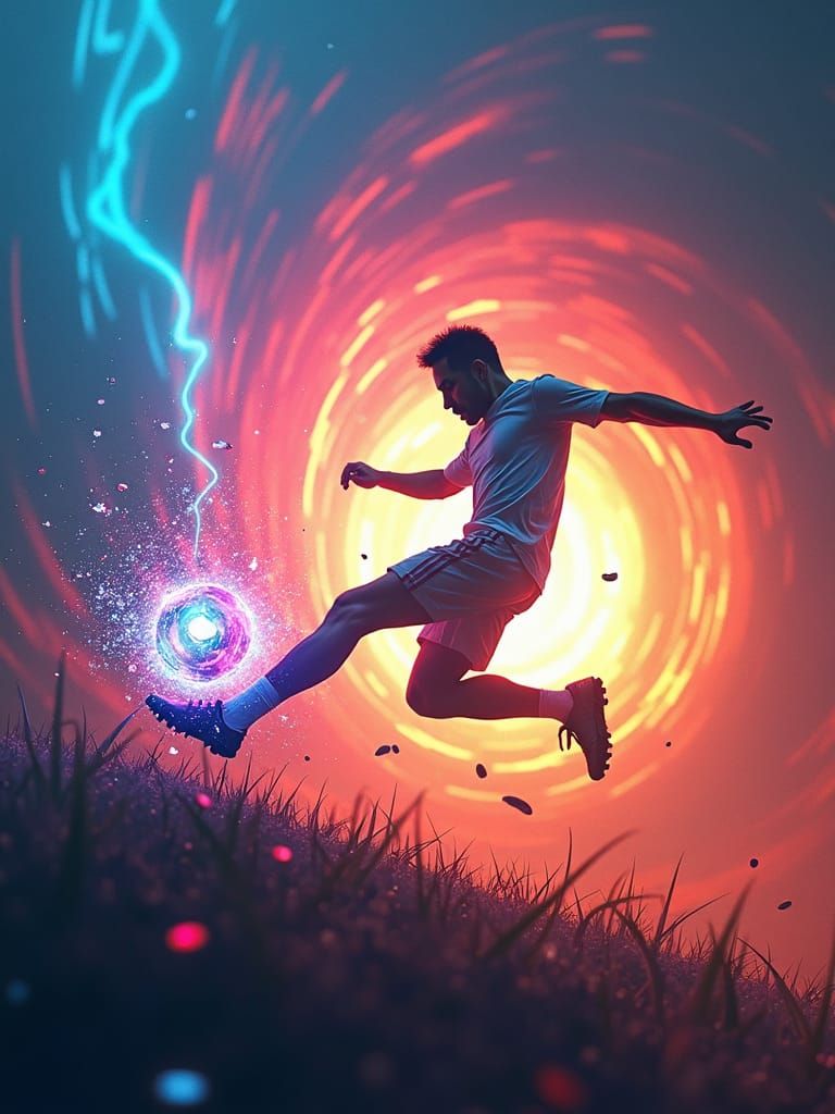 Football Player Kicking a Glowing Ball in Fantasy Landscape