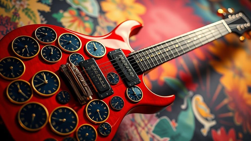 Gleaming Gold Electric Guitar with Intricate Clockwork