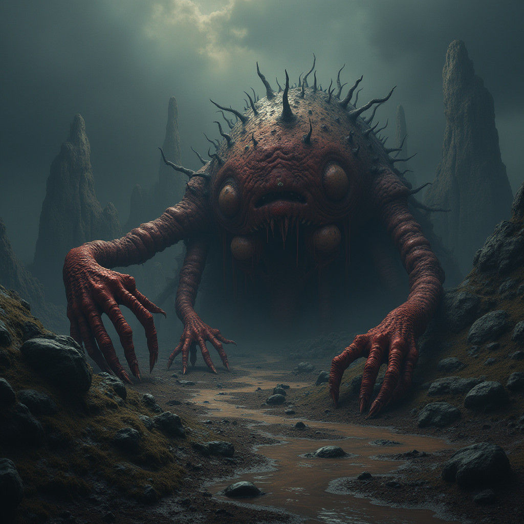 Grotesque Creature in Dark Landscape: Matte Painting