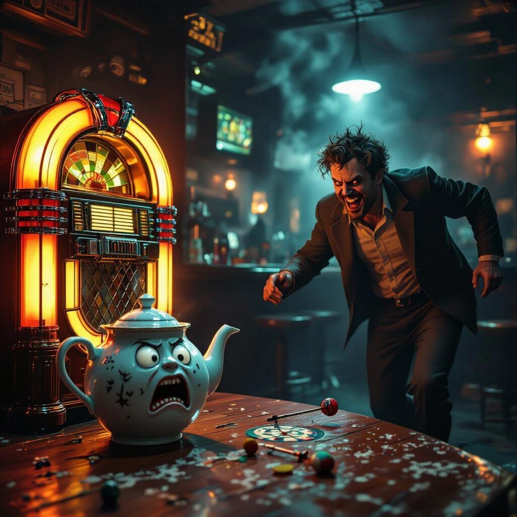 Terrified Teapot Plays Darts in Smoky Bar