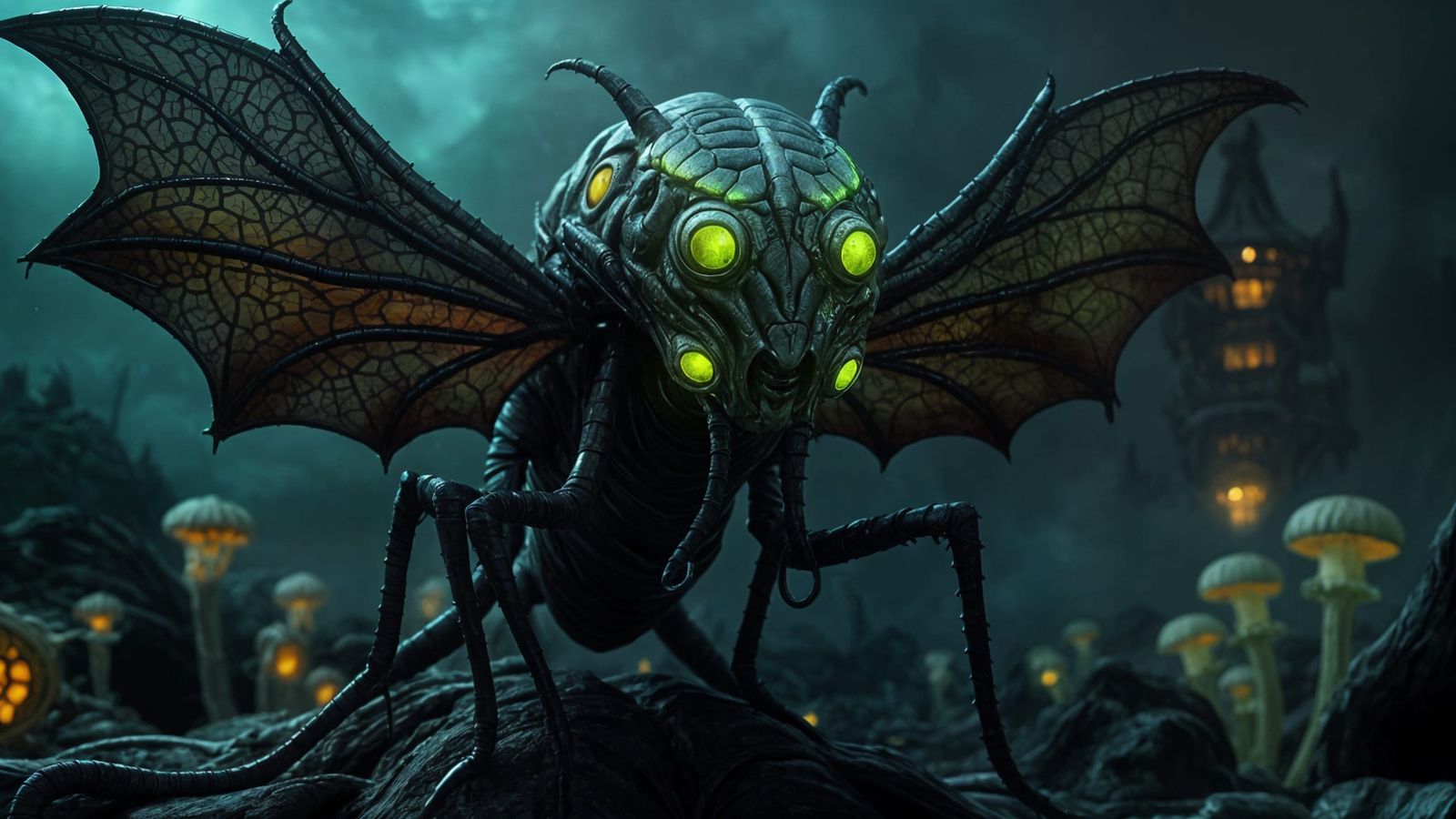 Dark Fantasy Alien Insect with Glowing Brain
