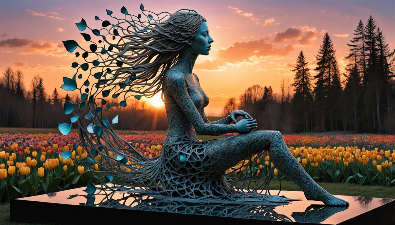 Surreal Fragmented Sculpture of Woman at Sunset