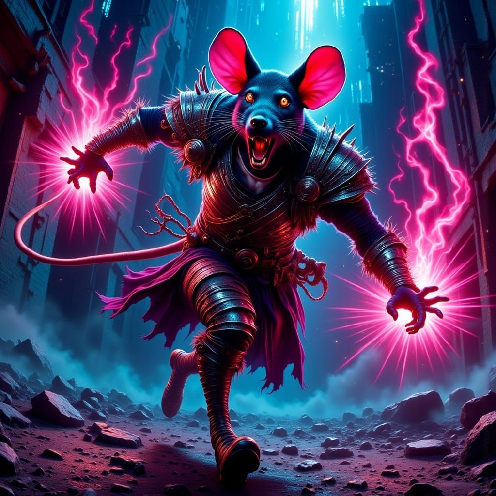 Neon Feral Warrior Rat Casts Spell in Urban Ruins