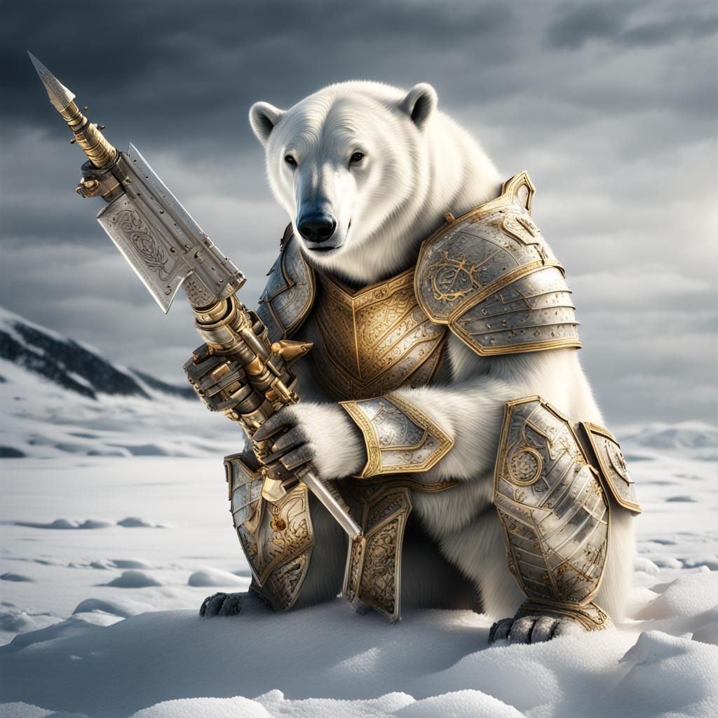 Armored Polar Bear in Snowy Landscape