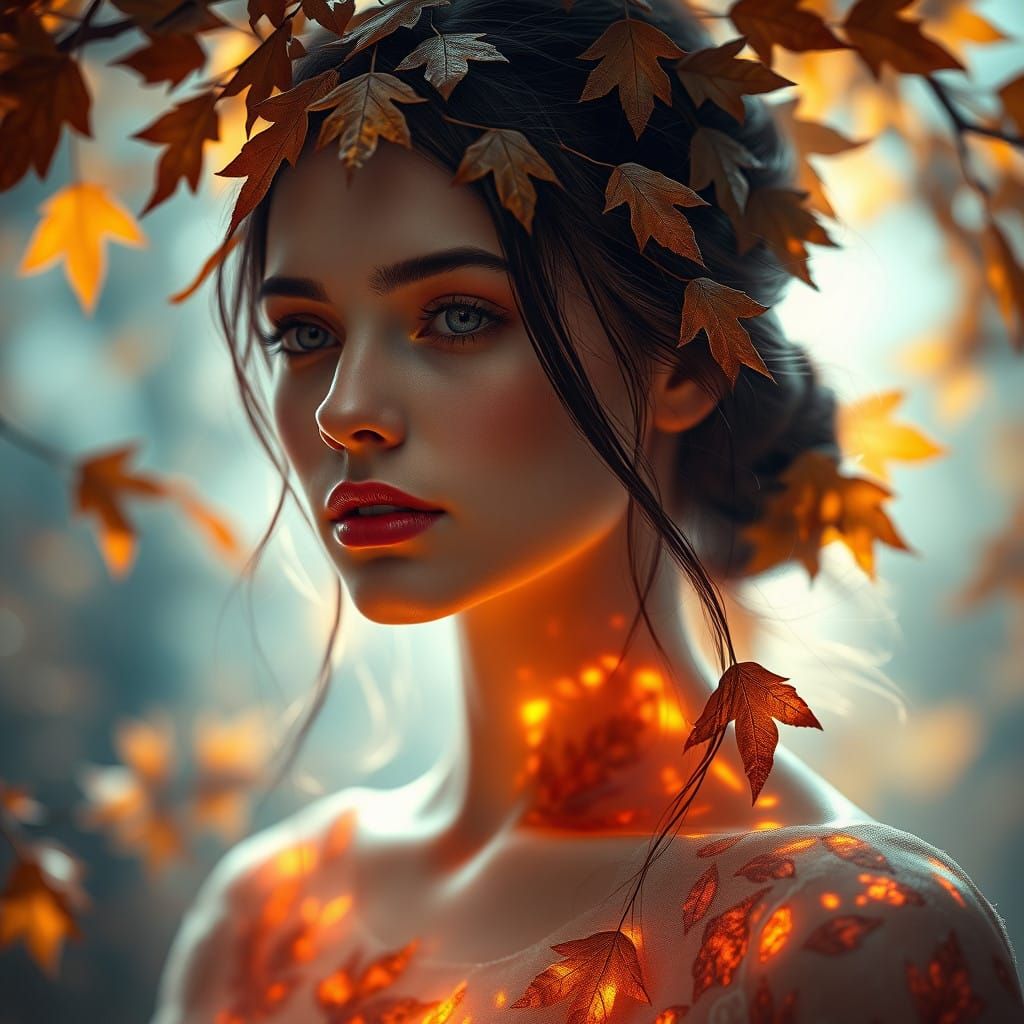 Glowing Autumn Goddess with Translucent Oak Leaves Hair