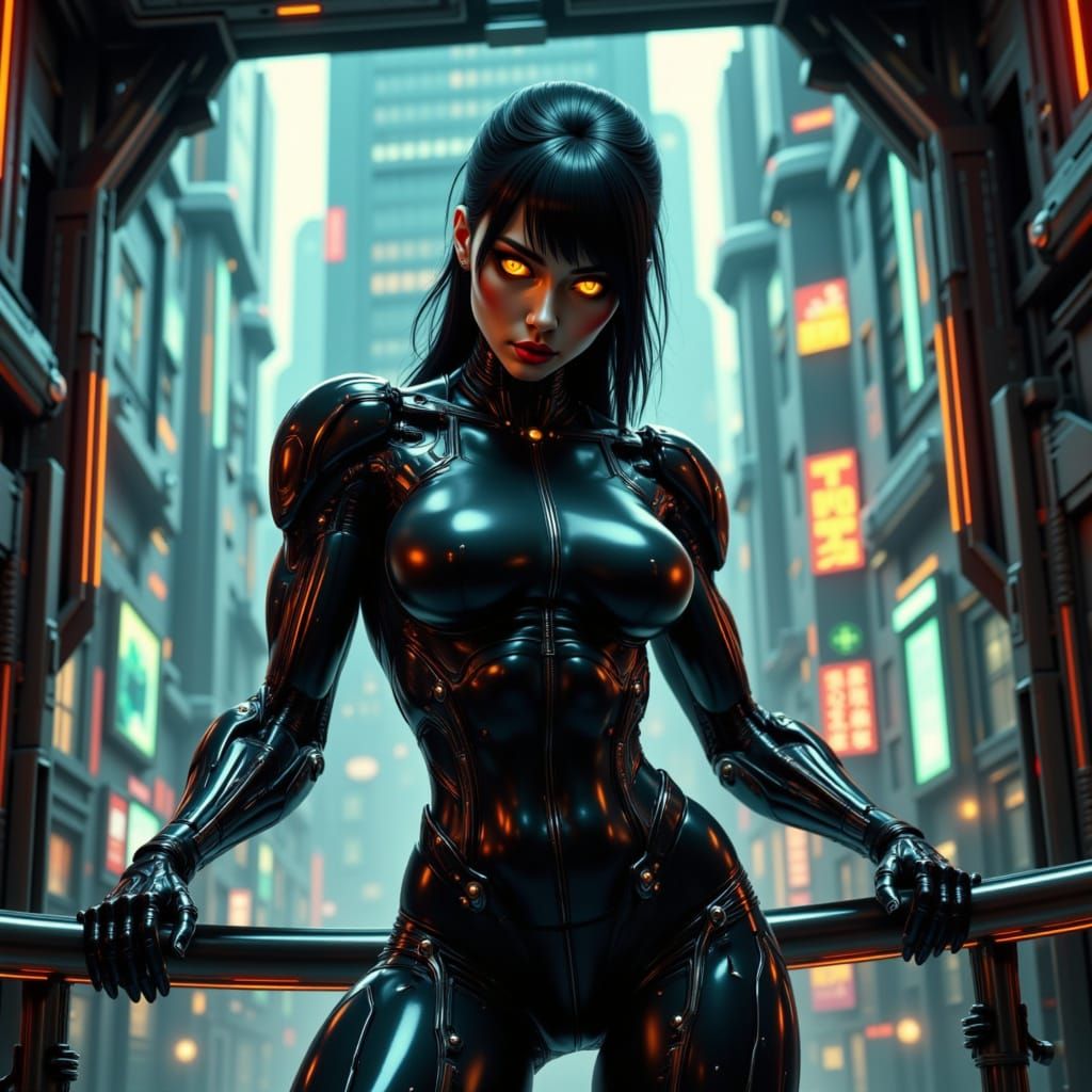 Confident Cyborg Woman in Cyberpunk CEO Office