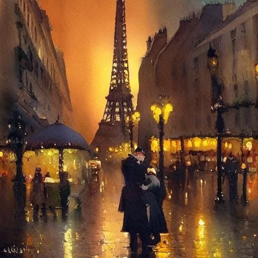 Romantic Paris Street at Night in Watercolour