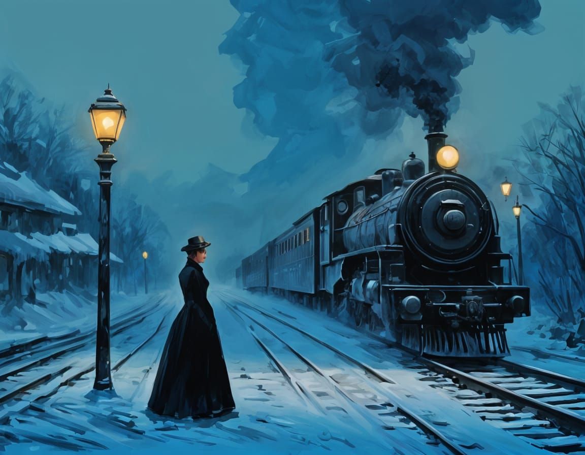 Woman on Snowy Train Platform in Twilight