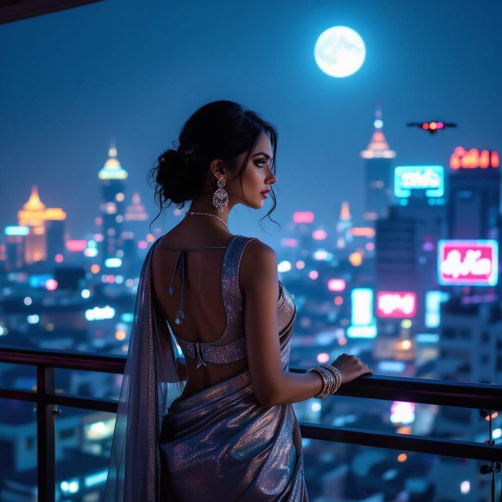 Woman Gazes Over Futuristic Neon Dhaka Skyline