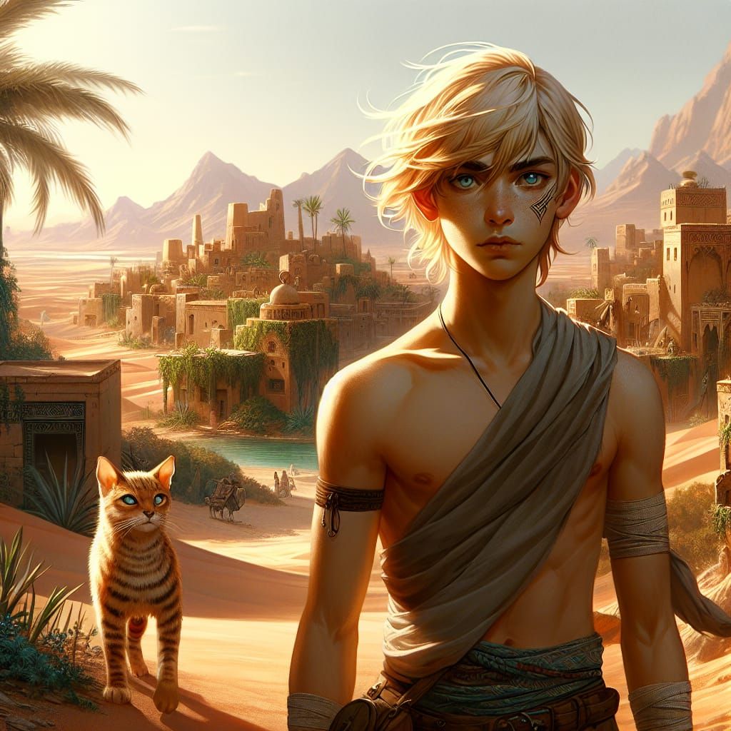 Boy and Sand Cat on Edge of Oasis City