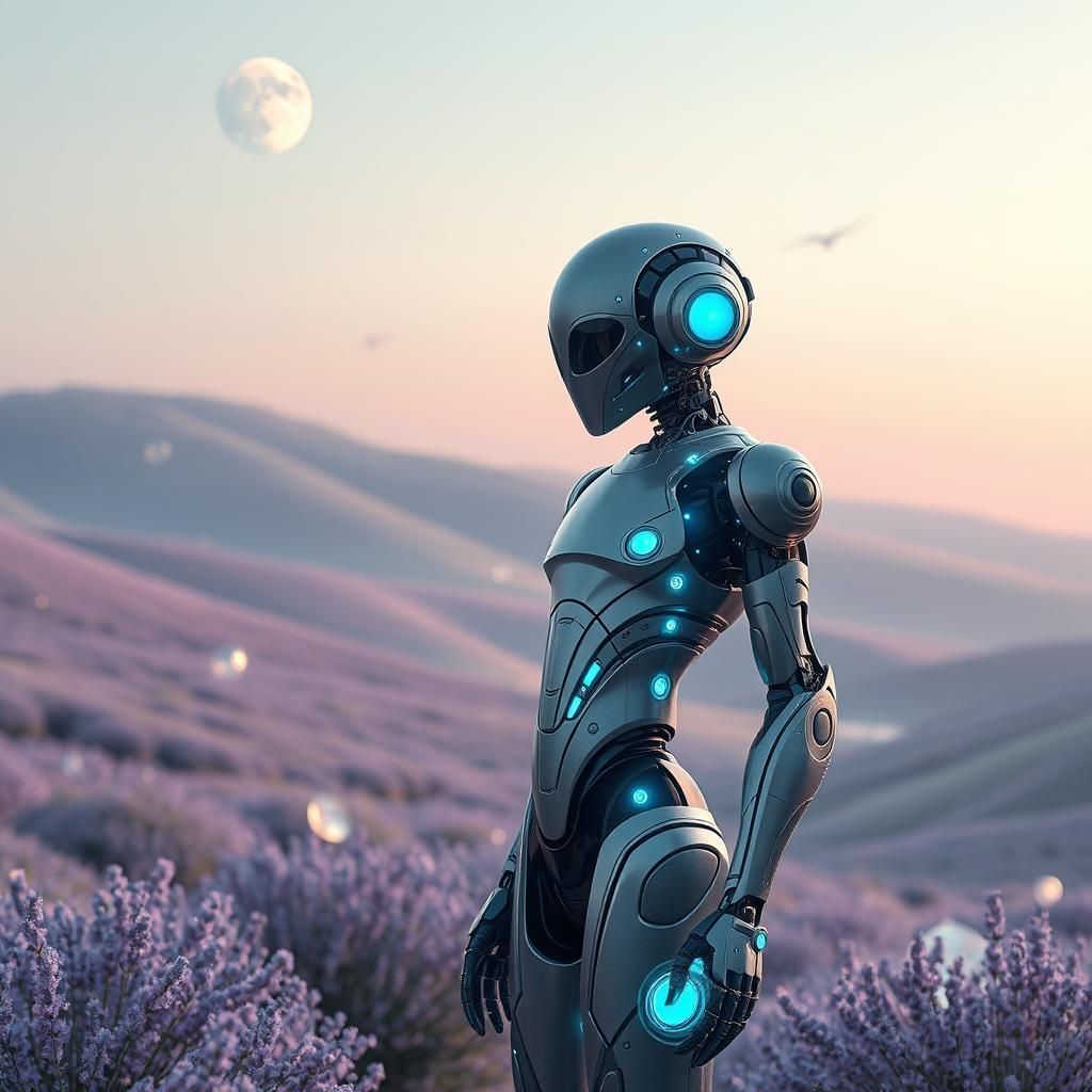 Futuristic Droid in Pastel Dreamscape, Photorealistic Sci-Fi