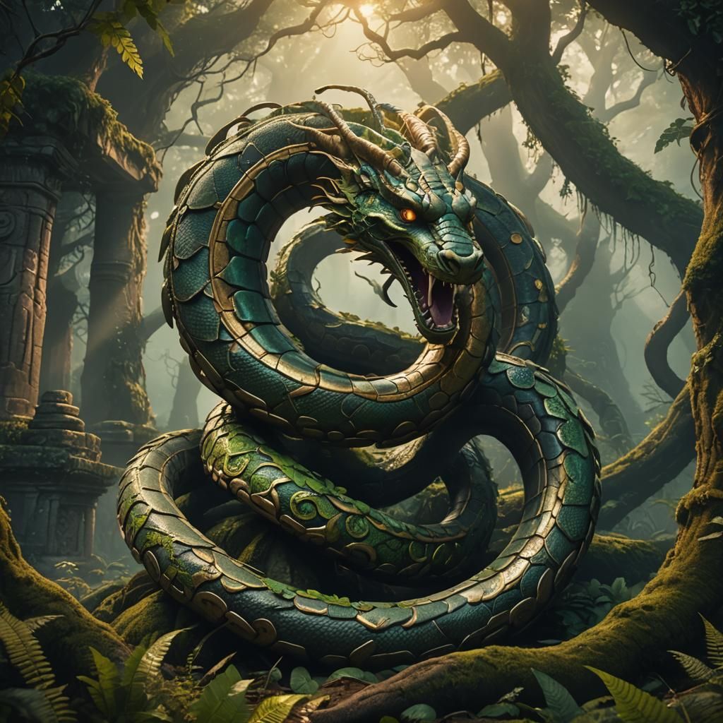 Gigantic Serpent Coiled Around Forest Ruins