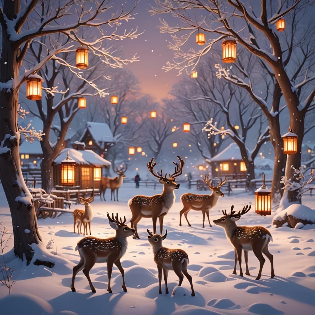 Anime Winter Scene with Reindeer and Children