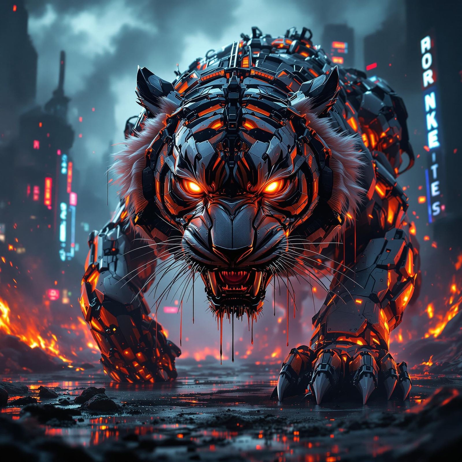 Cyborg Tiger in Cyberpunk Cityscape