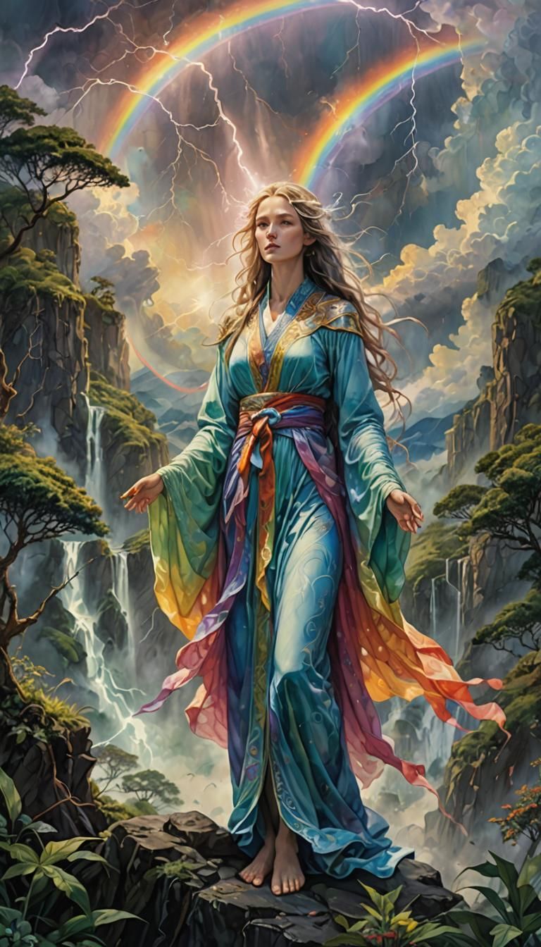 Bioluminescent Priestess in Rainbow Lightning Landscape