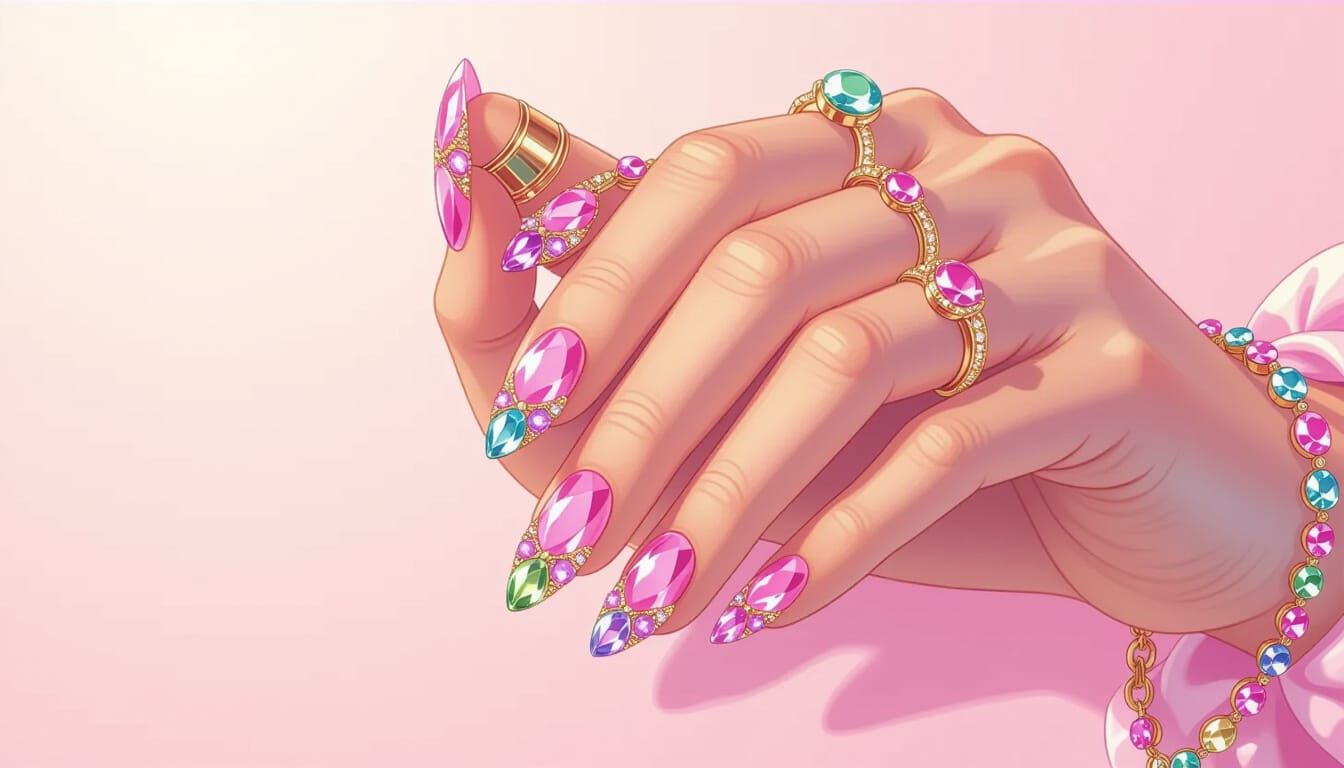 Elegant Gemstone Manicure on Pastel Pink Background
