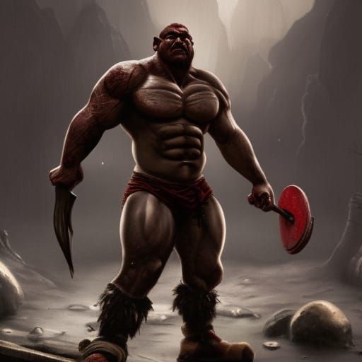 Red-Skinned Half-Orc Bodybuilder with Warhammer