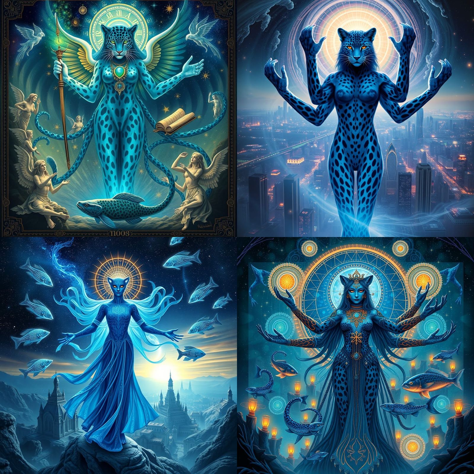 Blue Leopard Woman in Teal Fire City