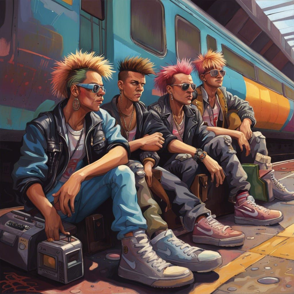 a group of punks are waiting for the train