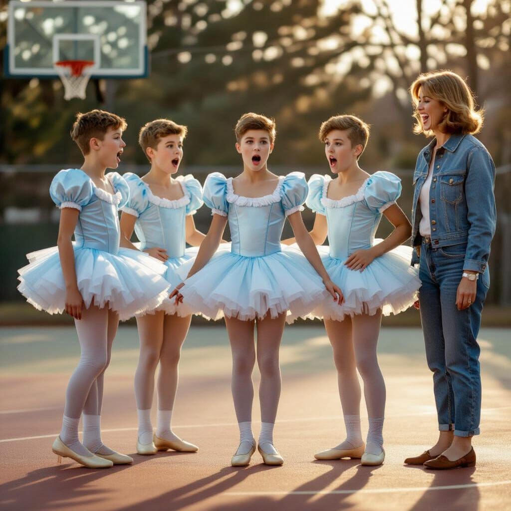 Boys in Ballerina Tutus on Basketball Court