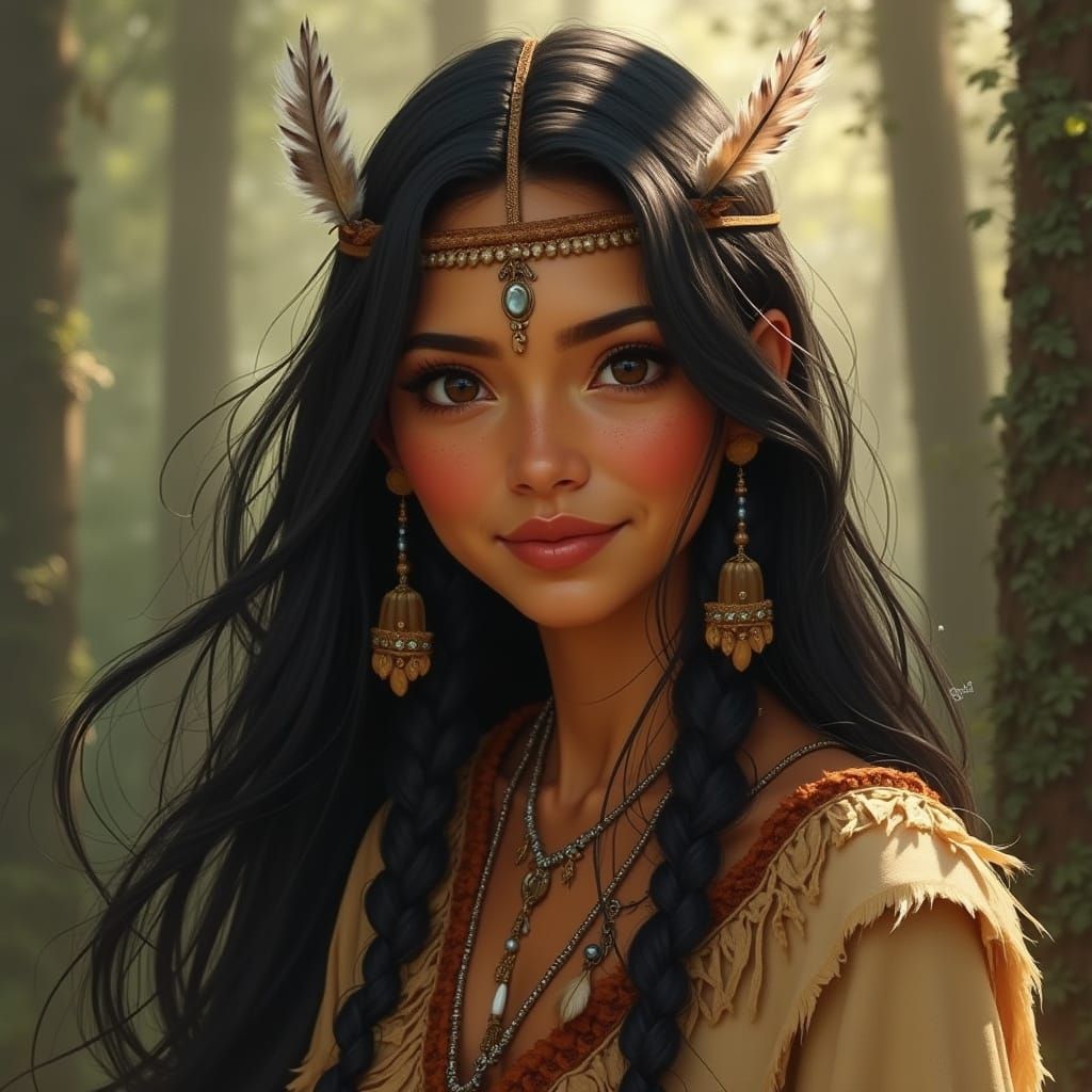 Native American Woman in Whimsical Disney Style