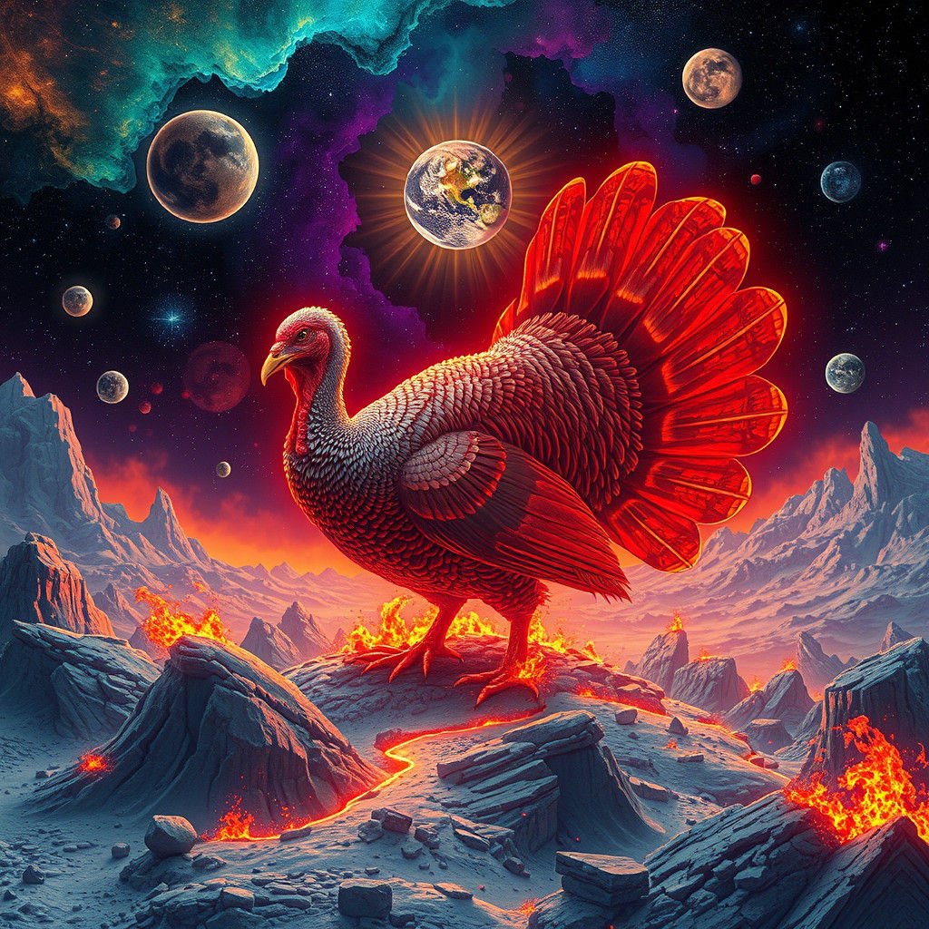 Cosmic Turkey Apocalypse: Astral Holographic Illustration
