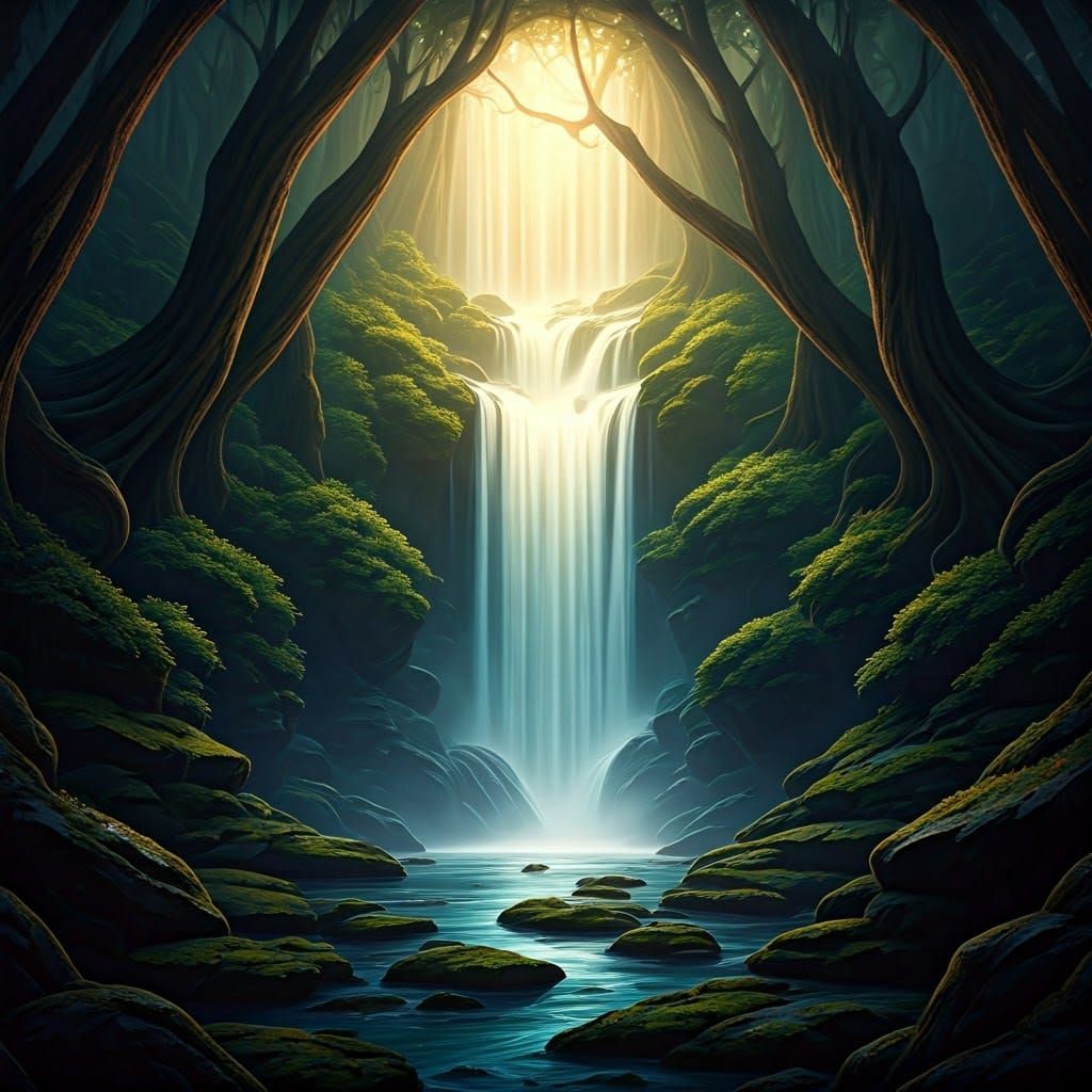 Ethereal Rainbow Waterfall in Mystical Landscape