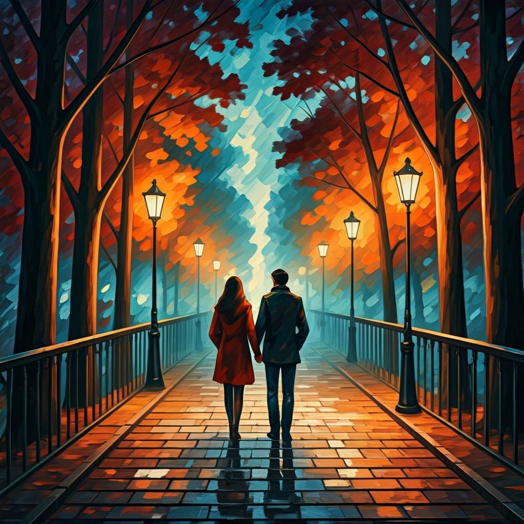 A pair strolling hand-in-hand down a cobblestone path lined ...