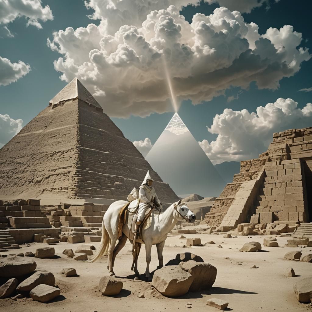 Unicorn Under Pyramid on Cloud, Cinematic Lighting