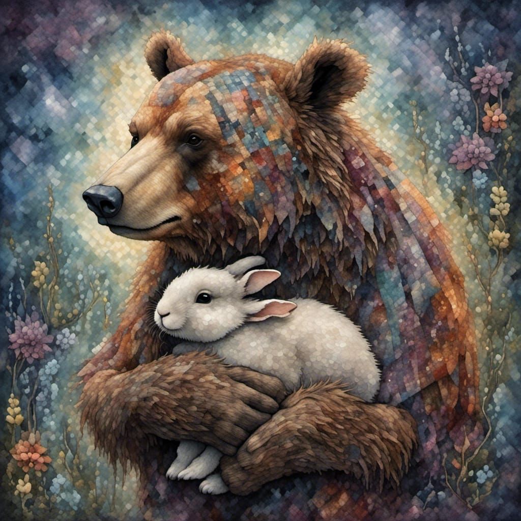 Grizzly Bear Protects Rabbit From Storm, Tapestry Style