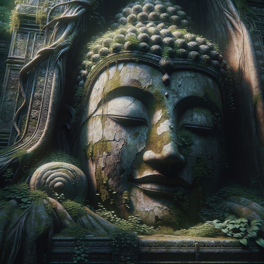 Ancient Buddha Head in Overgrown Jungle Temple