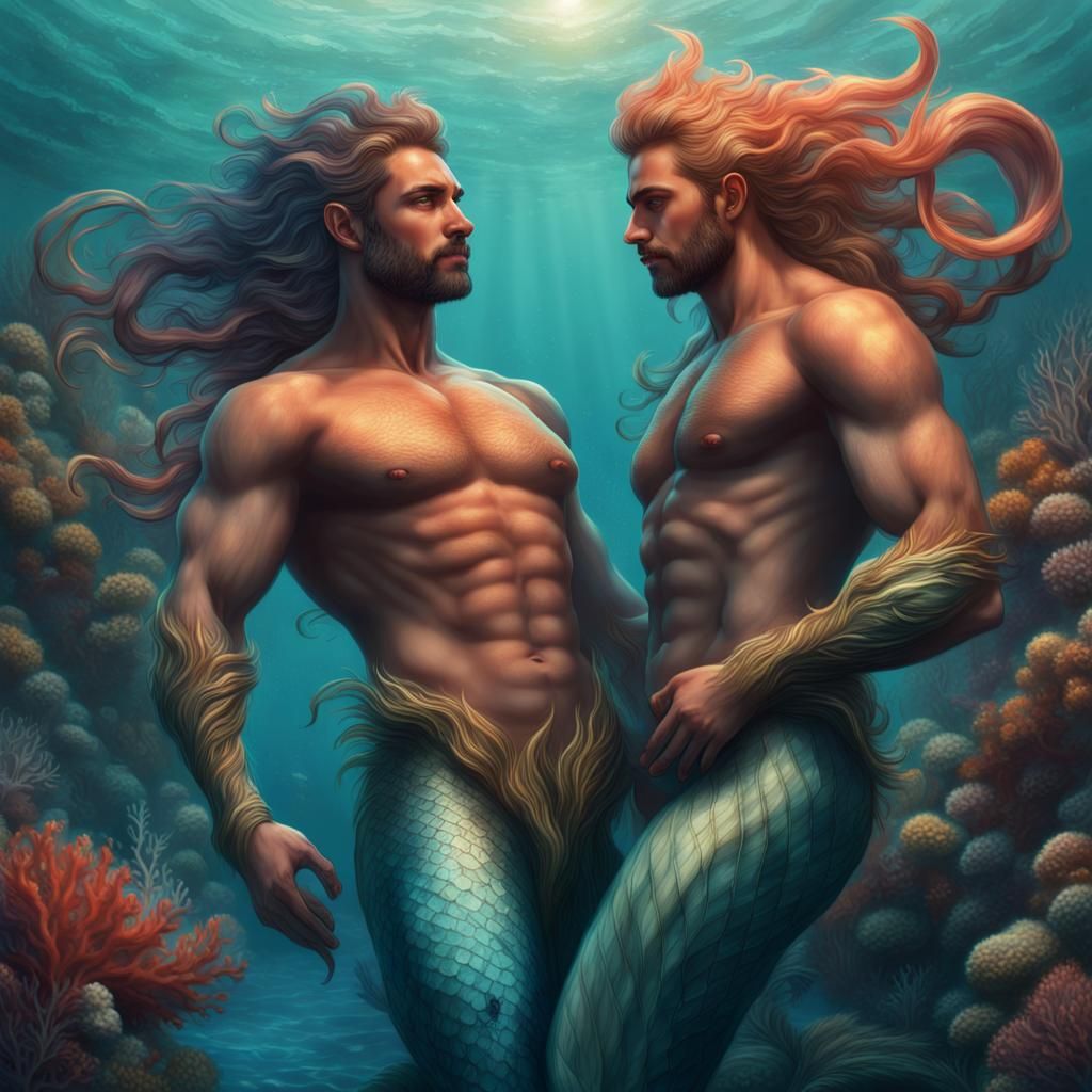 Gay Merman Couple Embrace in Neoclassical Style