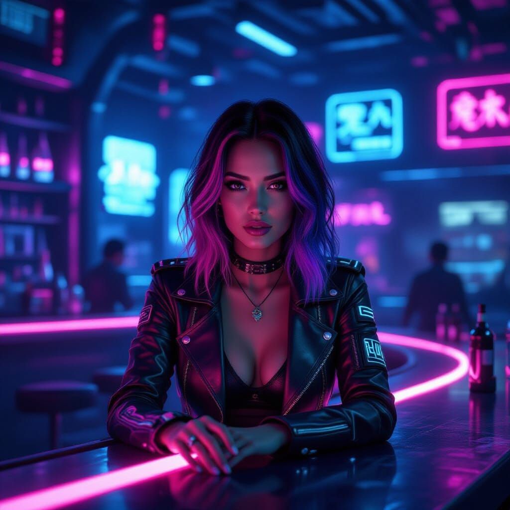 Woman in Cyberpunk Bar with Neon Hair