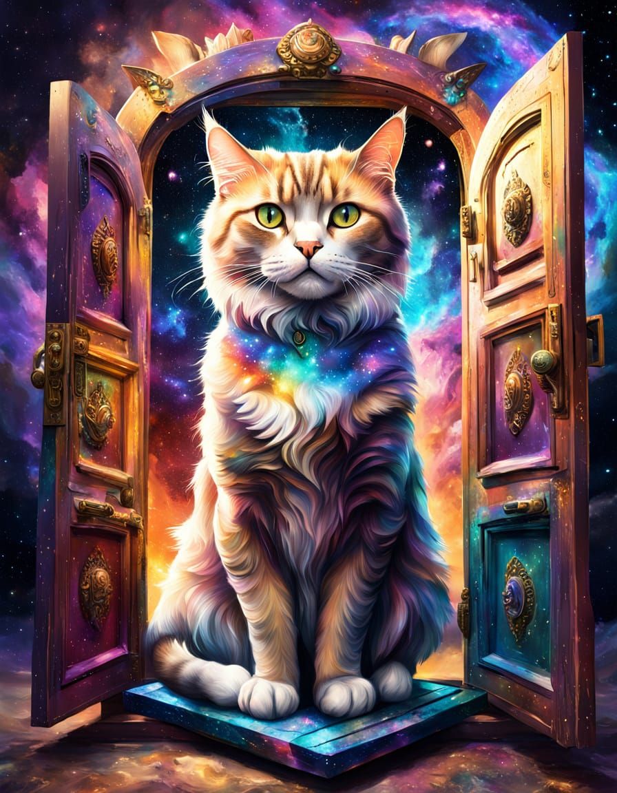 Cat with Galaxy Portal Chest: Hyperrealistic Digital Art