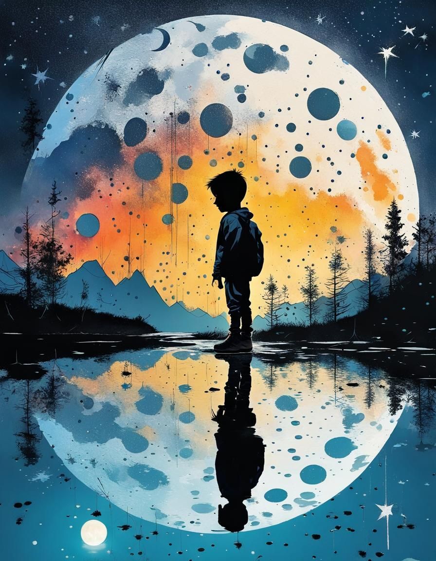 Moonlit Boy Silhouette in Rainy Double Exposure