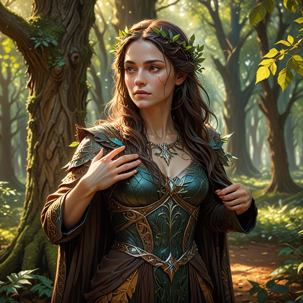 Enchanting Druidess in Sacred Grove: Oil Painting