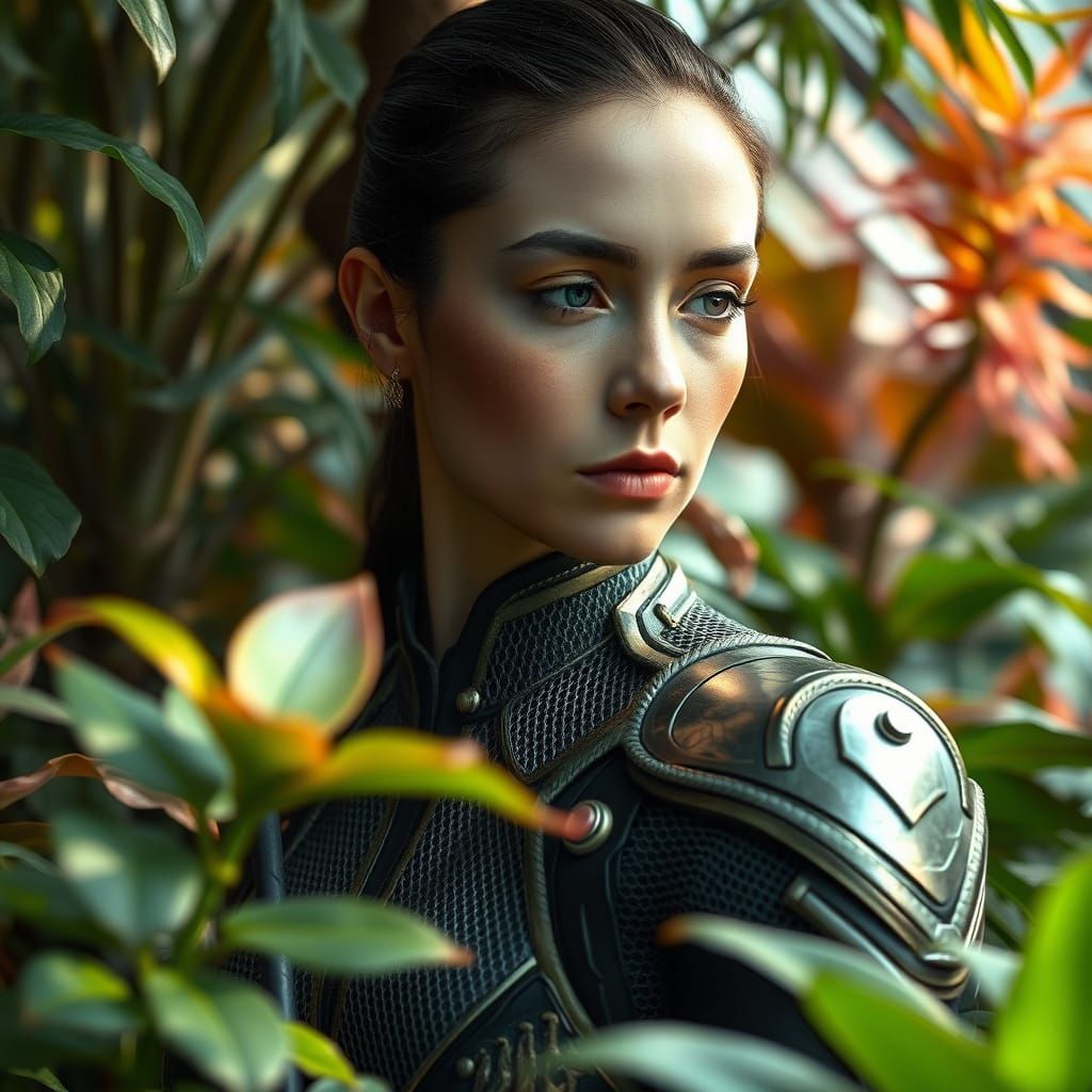 Starfleet Officer in Tranquil Greenhouse, Examining Rare Pla...