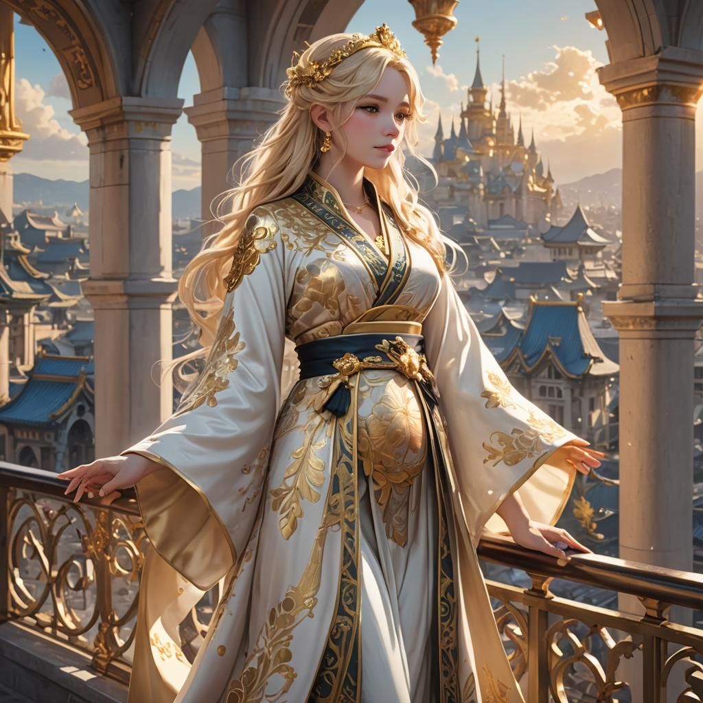 Anime Empress Overlooks Fantasy Cityscape