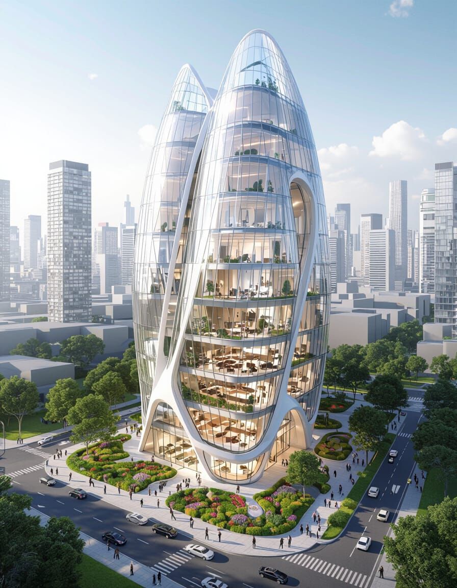 Futuristic Glass Skyscraper Surrounded by Lush Gardens