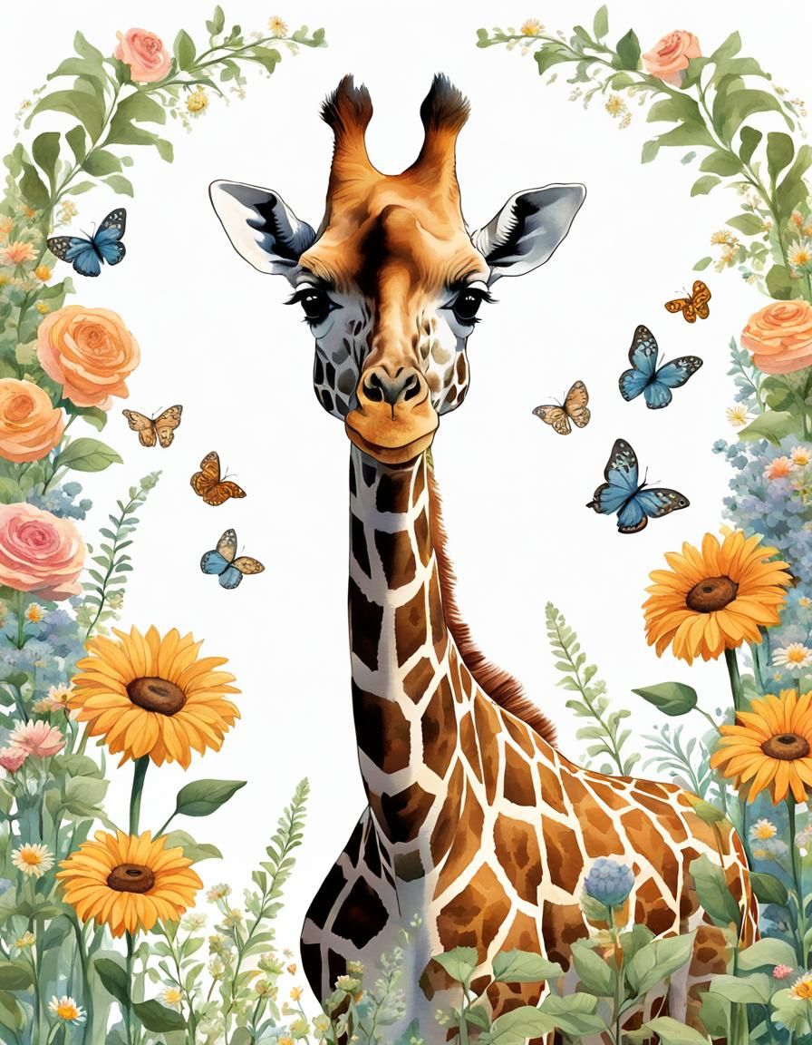 Giraffe in Blooming Garden, Edward Gorey Style