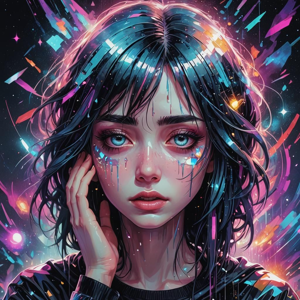 Crying Emo Girl: Holographic Astral Illustration