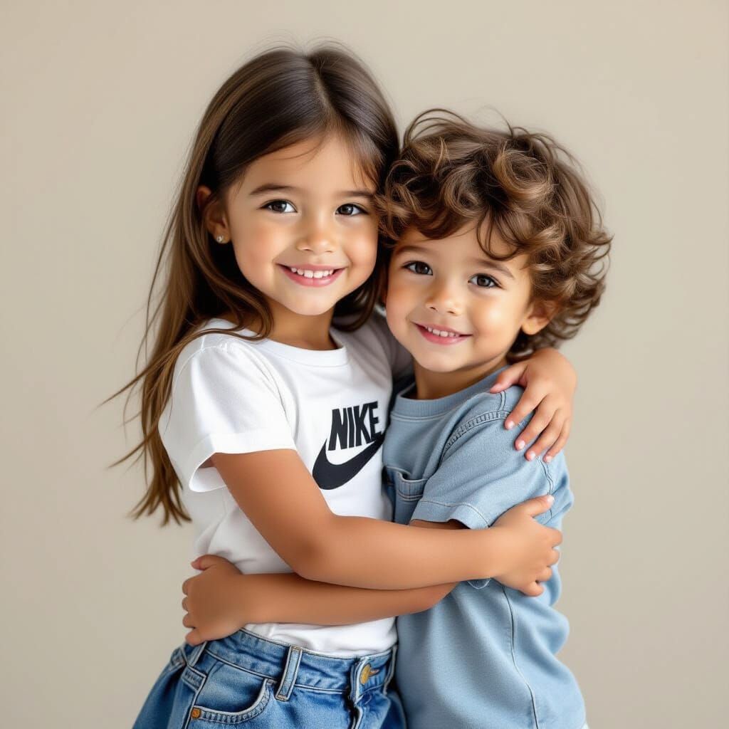 Young Girl Hugs Curly-Haired Brother in Natural Light