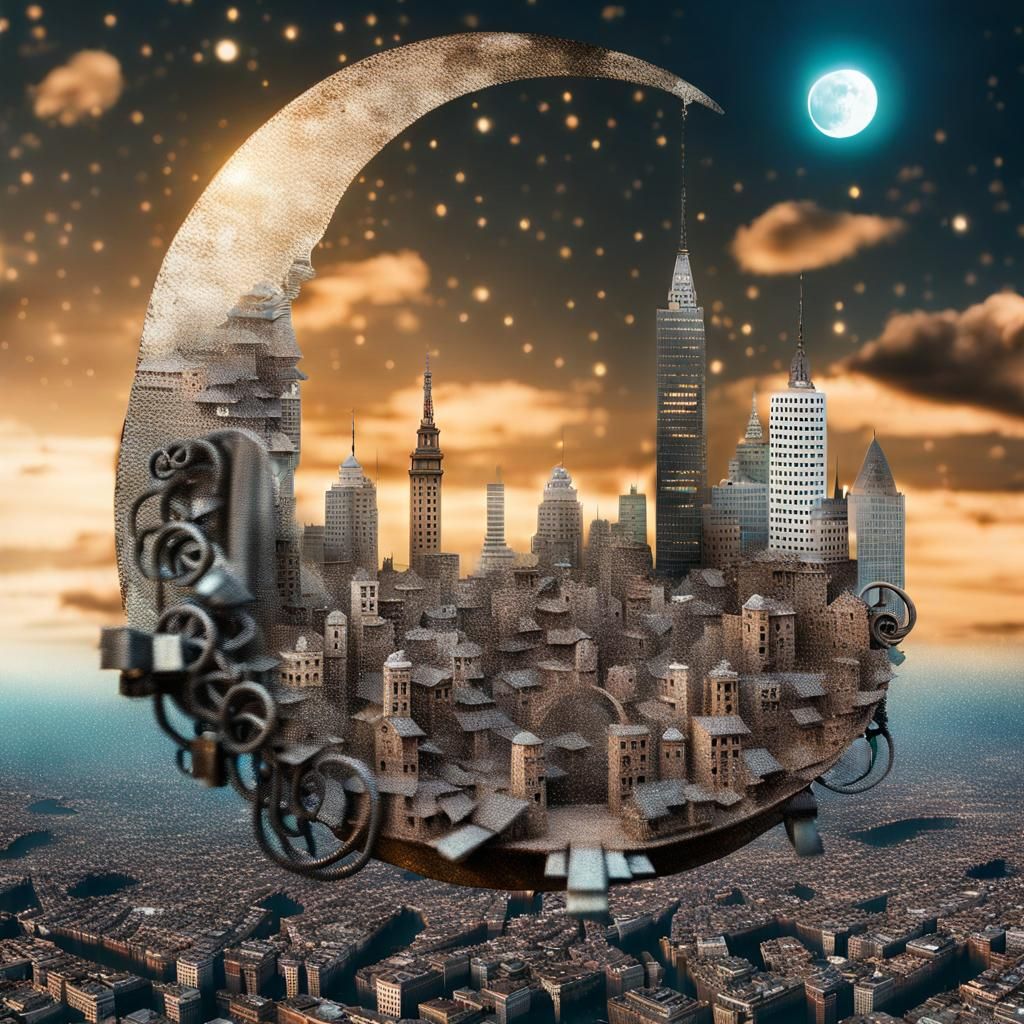 Surreal Scrap Metal City on Flying Moon