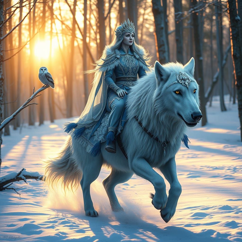 Ethereal Snow Goddess Rides Majestic Wolf in Woodland Scene...