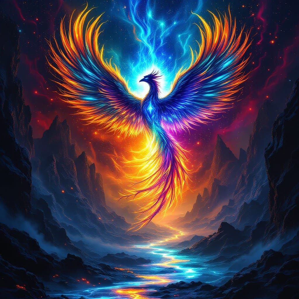 Surreal Phoenix Silhouette in Vibrant Chiaroscuro Landscape