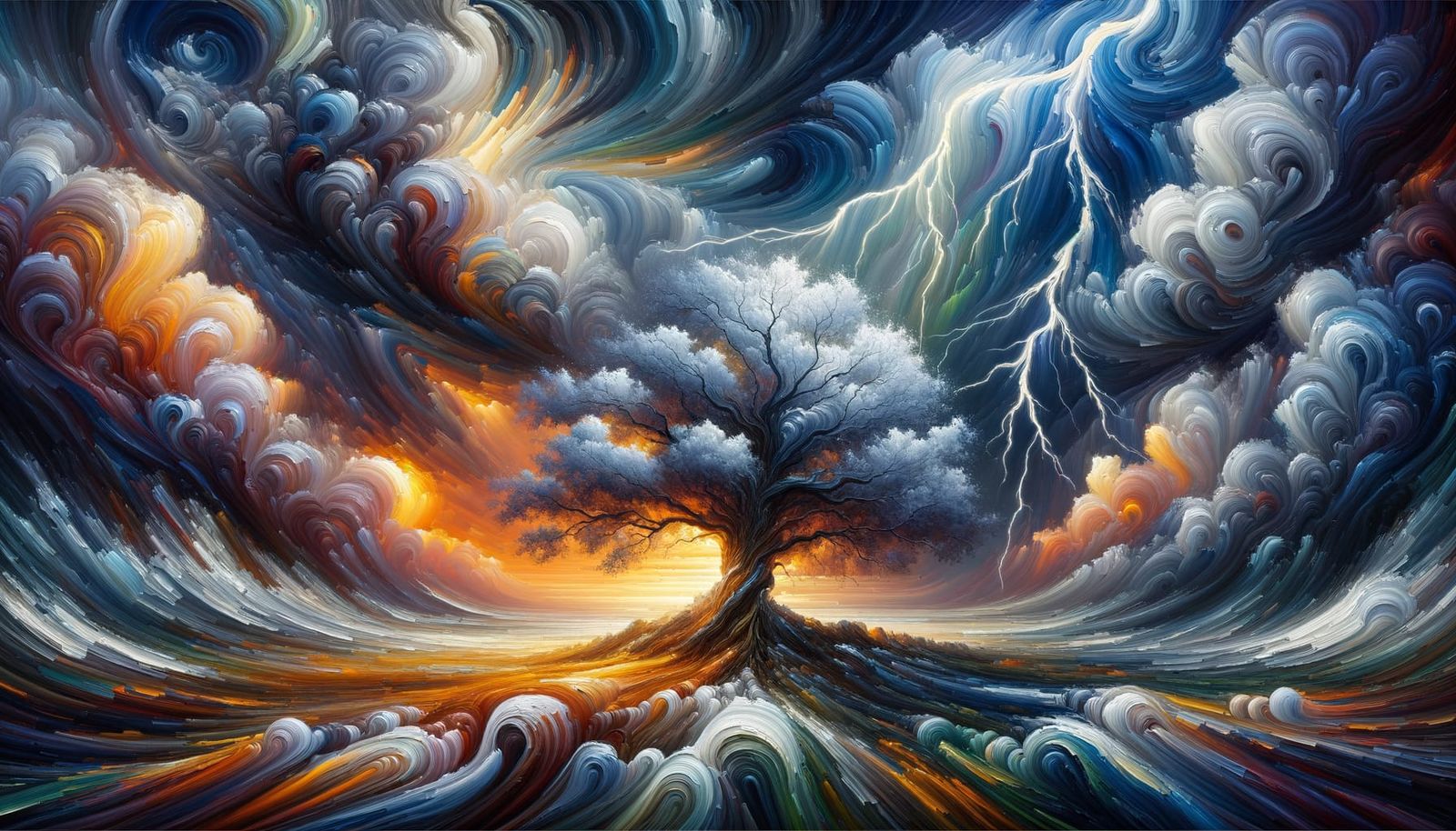 Abstract Tree of Life Amidst Turbulent Skies