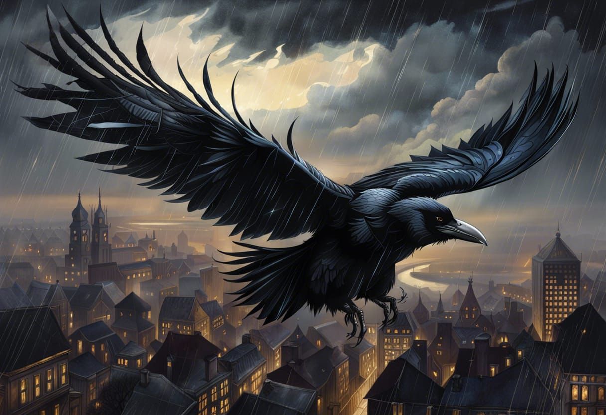 Crow Flying Over Rainy City, Dark Fantasy Digital Art