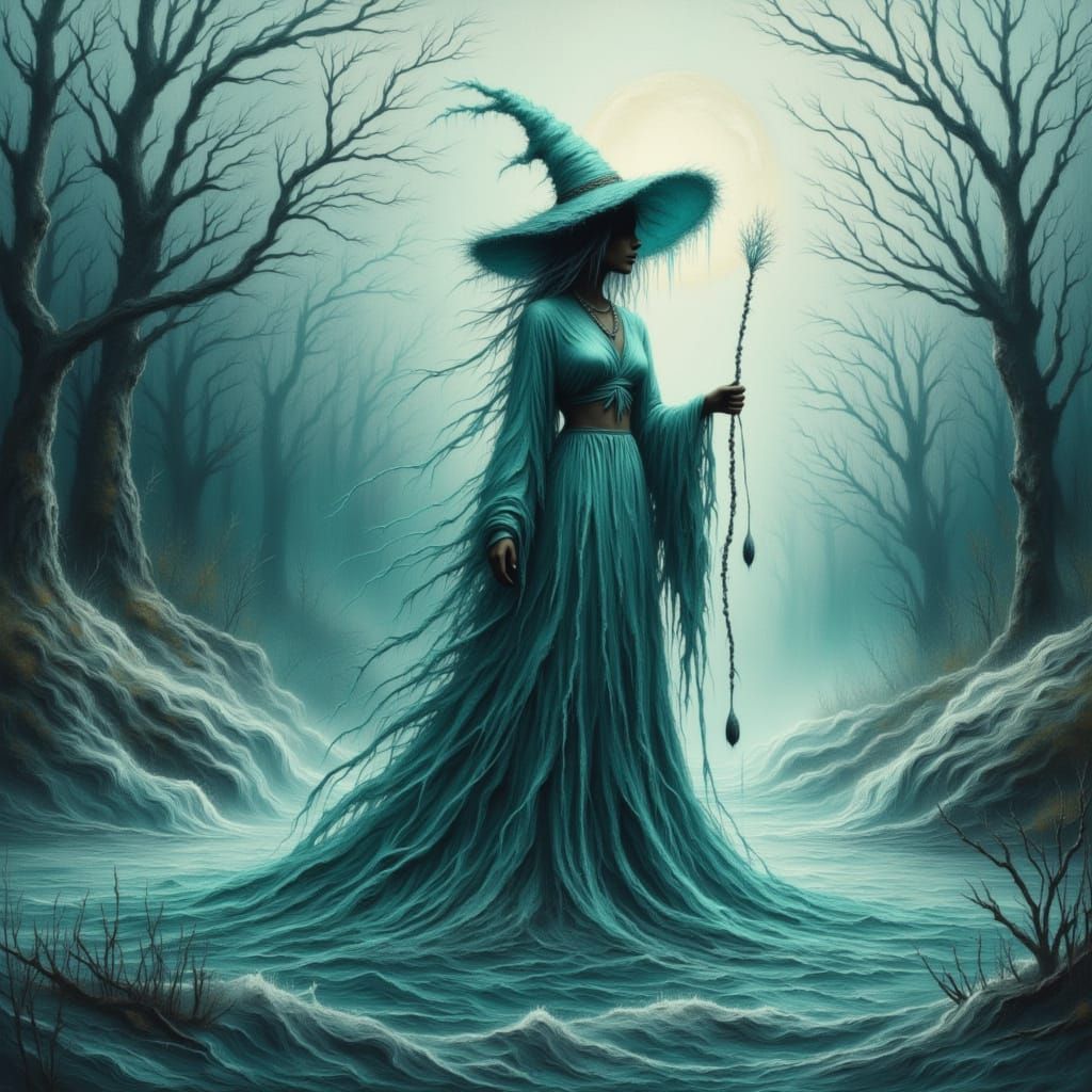 A witch made from water rising up out of a Misty river. <lor...