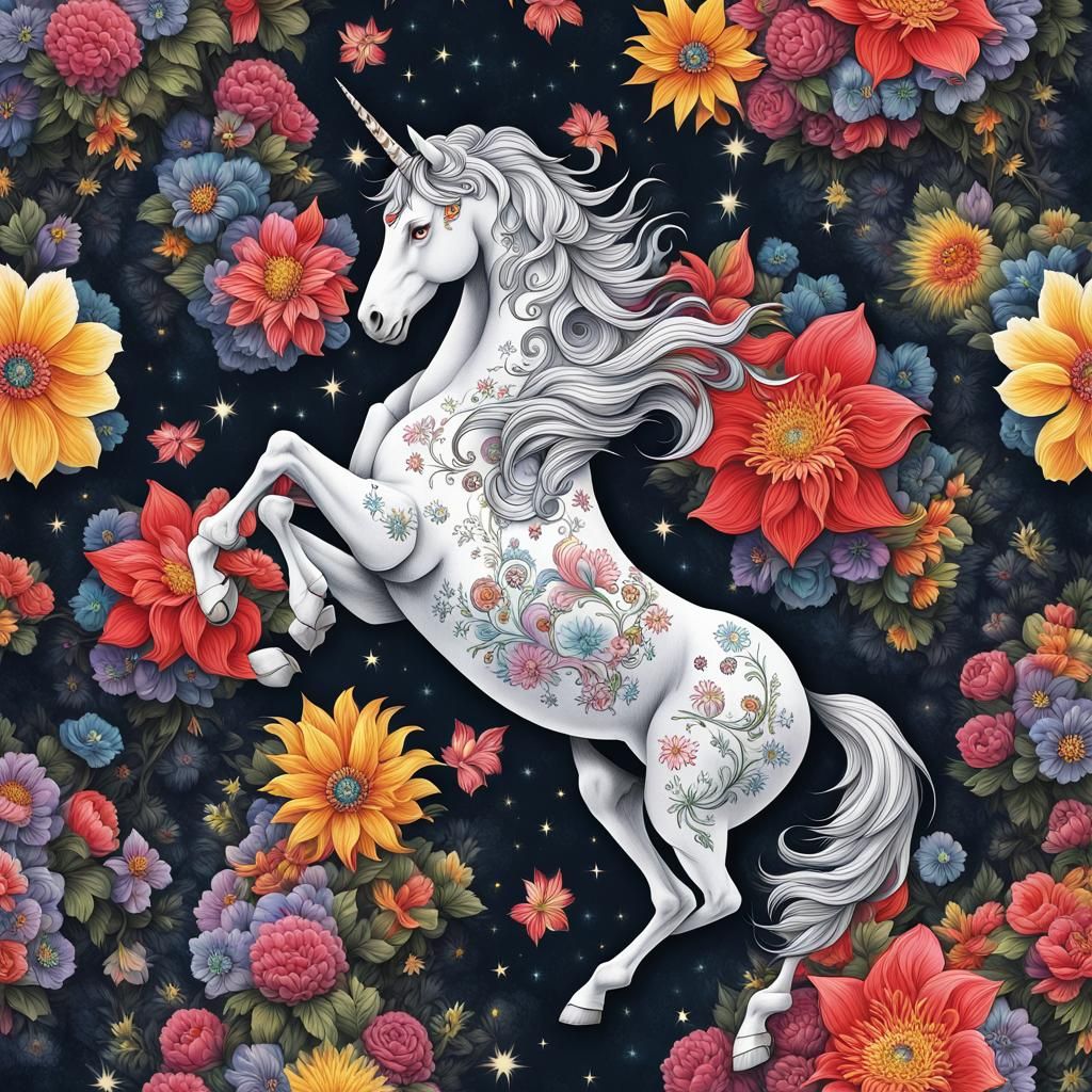 Unicorn Surrounded by Cosmic Flowers as Tattoo Art
